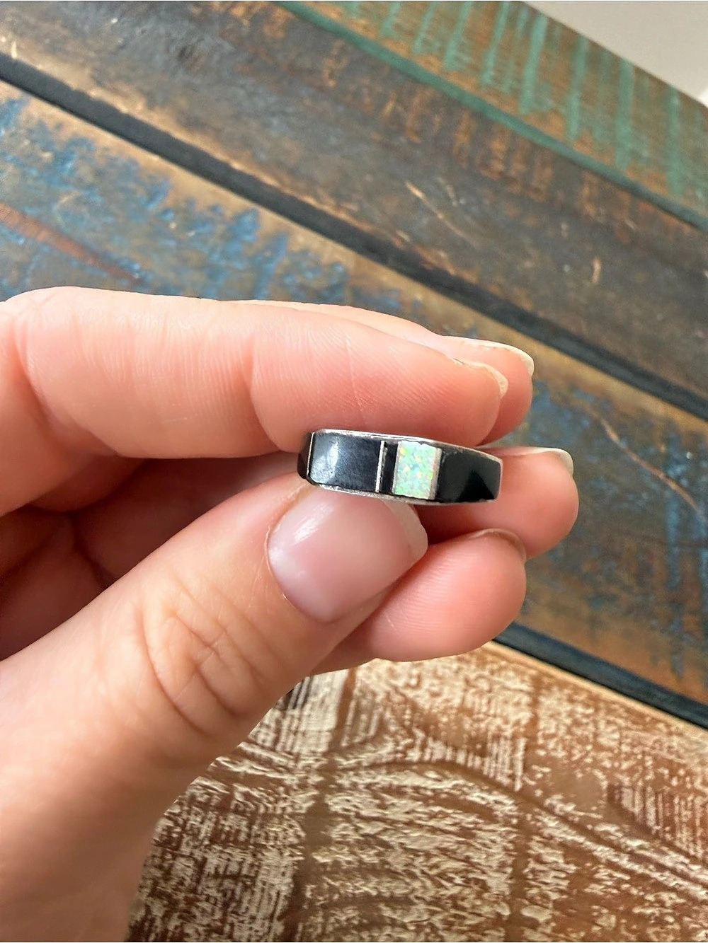 Hand Made Sterling Silver Black Onyx and Opal Two-Tone Ring US Size 6